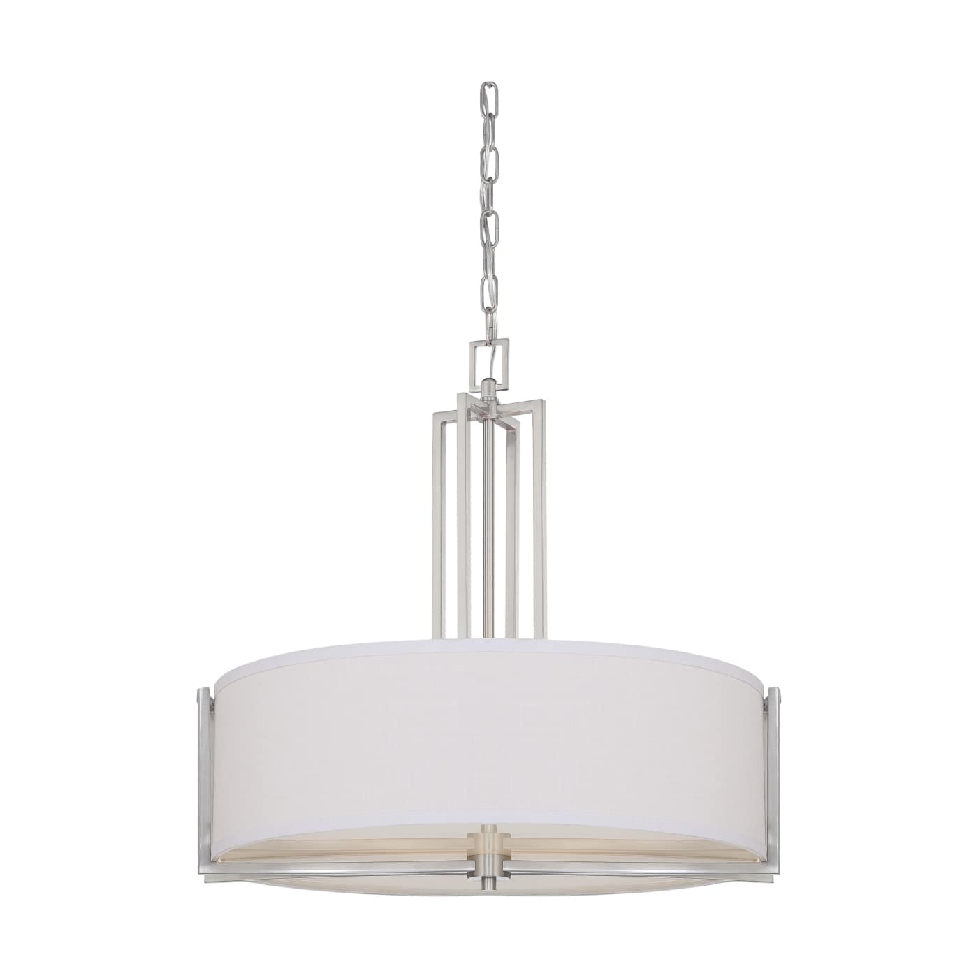A modern drum pendant light with a white fabric drum shade and a silver-toned metal frame and chain, shown against a plain white background.