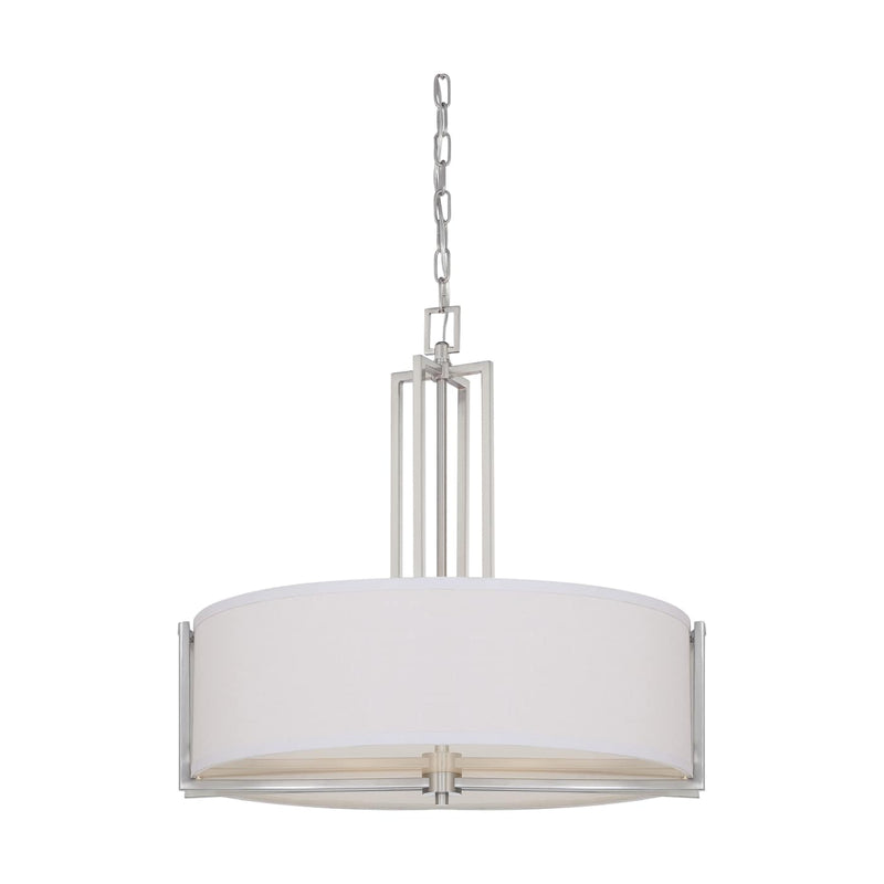 A modern drum pendant light with a white fabric drum shade and a silver-toned metal frame and chain, shown against a plain white background.