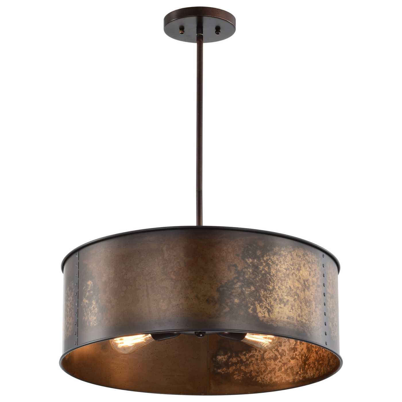A modern drum pendant light with a hammered copper-toned metal shade and a dark bronze canopy and rod, shown against a plain white background.