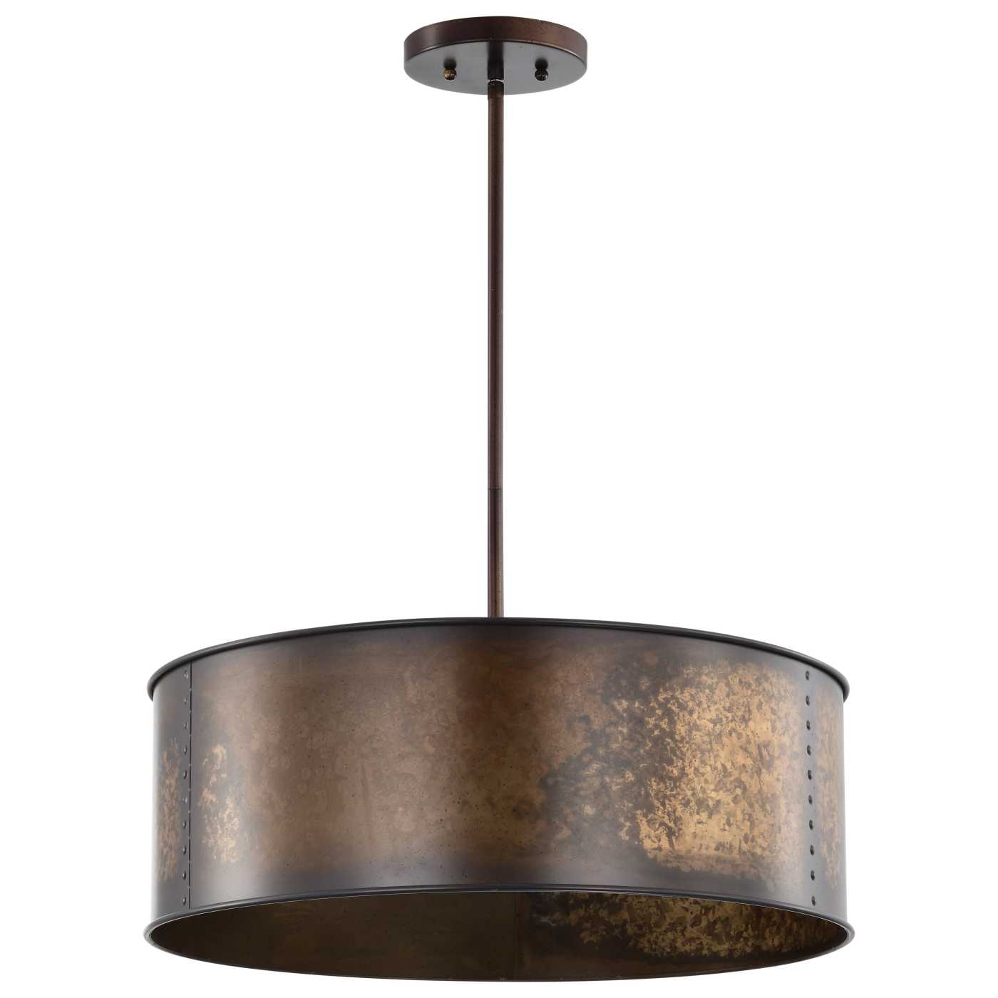 A modern drum pendant light with a hammered copper-toned metal shade, suspended by a slim matching rod from a circular ceiling canopy, shown against a plain white background.