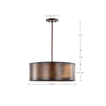 A hanging drum pendant light fixture with a distressed bronze finish, shown with dimension callouts indicating a width of 20 inches, canopy width of 5 1/2 inches, and heights of 12 inches, 8 inches, and 7 1/4 inches.