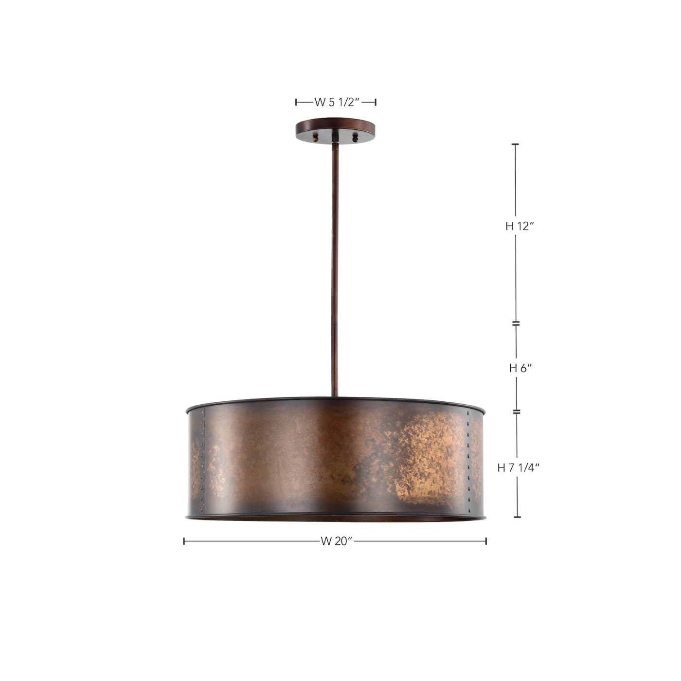 A hanging drum pendant light fixture with a distressed bronze finish, shown with dimension callouts indicating a width of 20 inches, canopy width of 5 1/2 inches, and heights of 12 inches, 8 inches, and 7 1/4 inches.