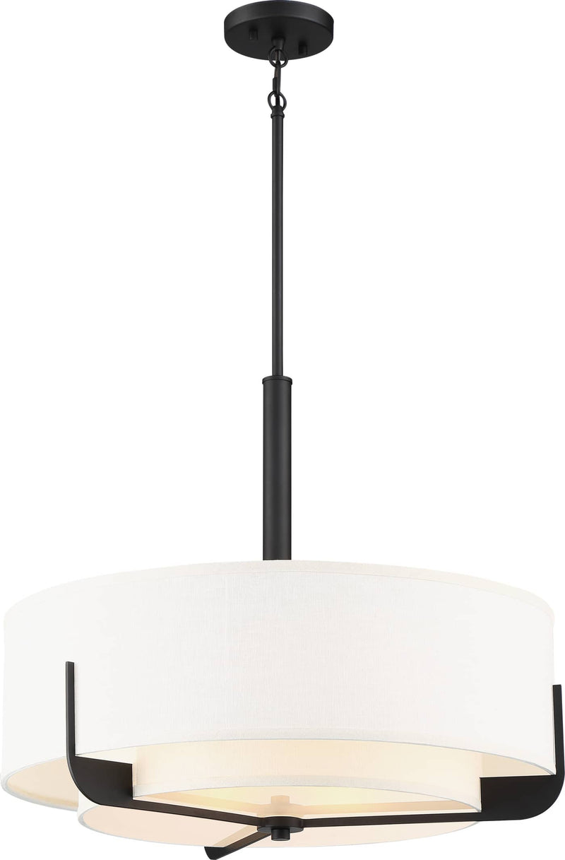 Modern pendant light with white shade and black metal frame on a white background