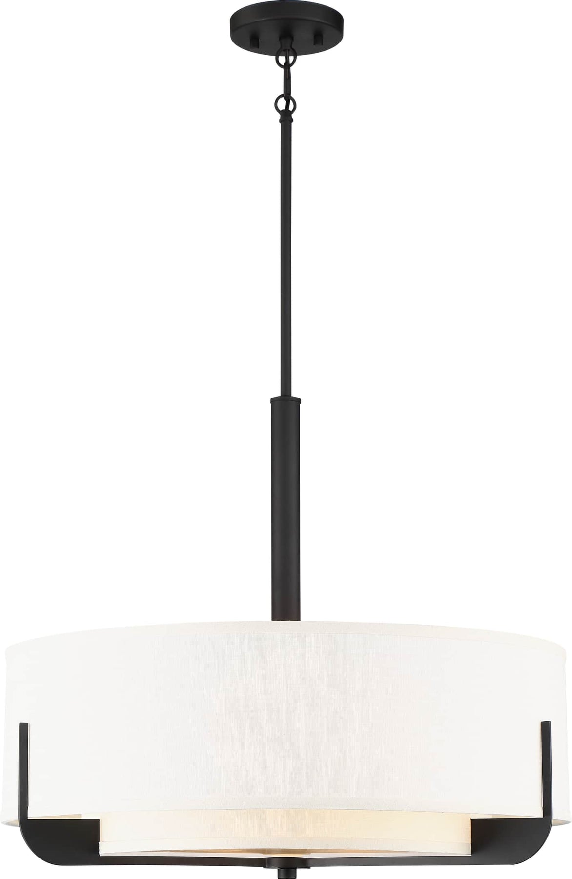 A modern drum pendant light with a matte black metal frame and a large white fabric drum shade, suspended from a matching black ceiling canopy against a solid white background.