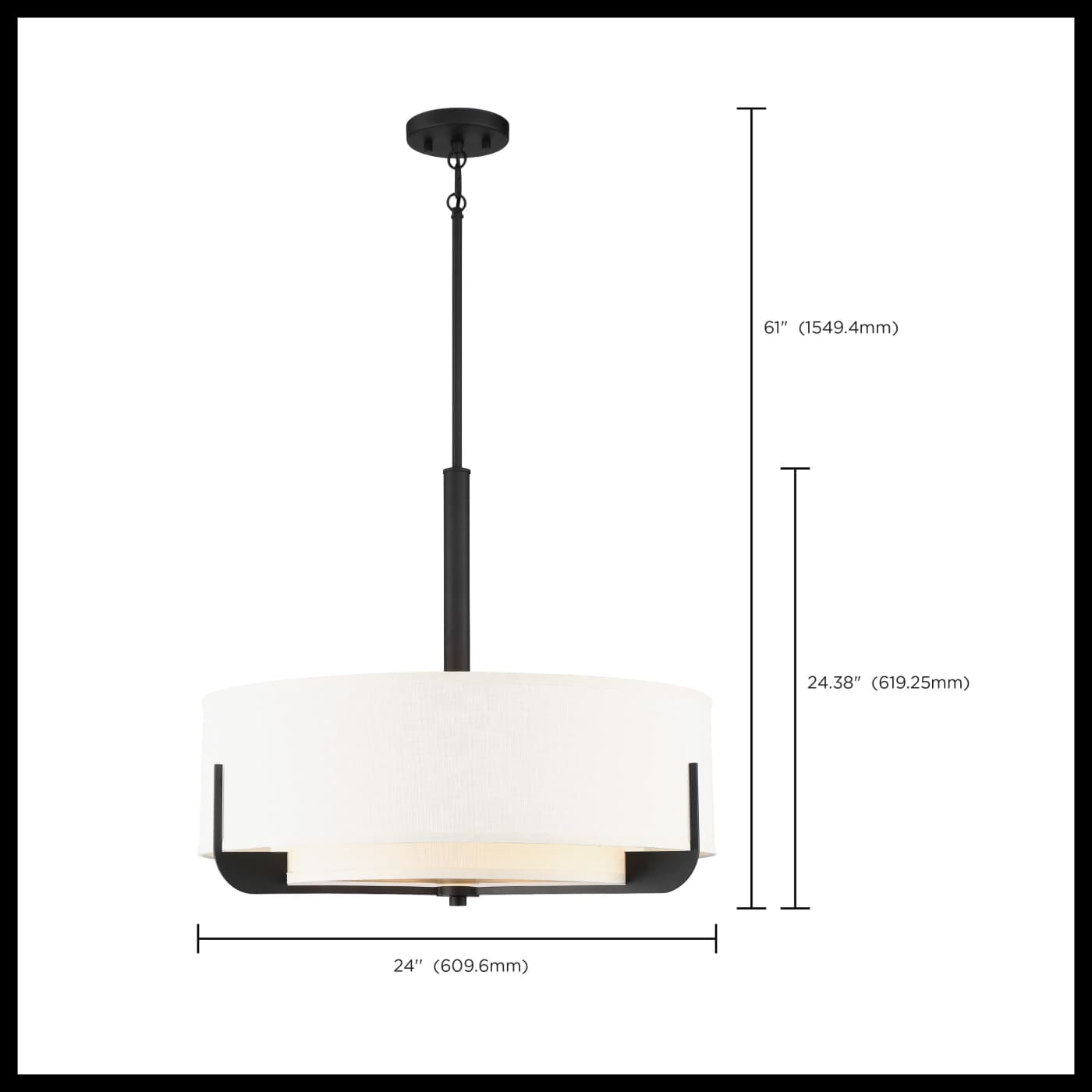 Pendant light with dimensions indicated on a white background