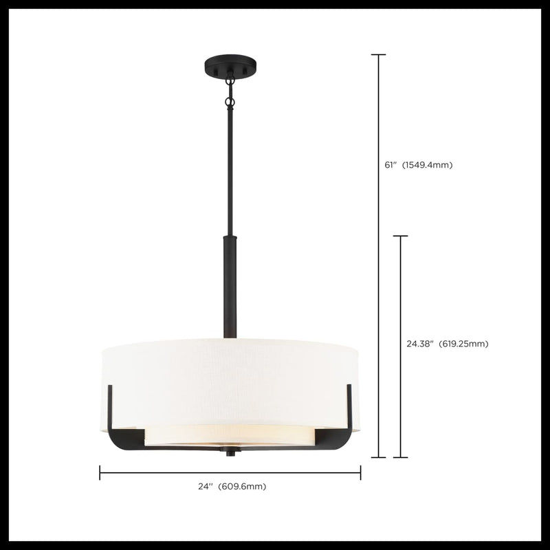 Pendant light with dimensions indicated on a white background