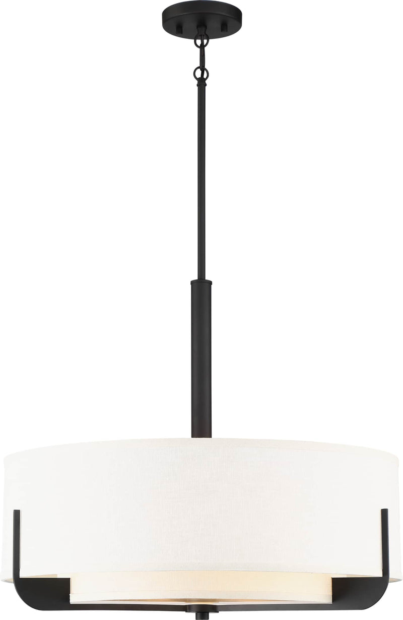 A modern drum pendant light with a matte black metal frame and a large white fabric drum shade, suspended from a matching black ceiling canopy against a solid white background.