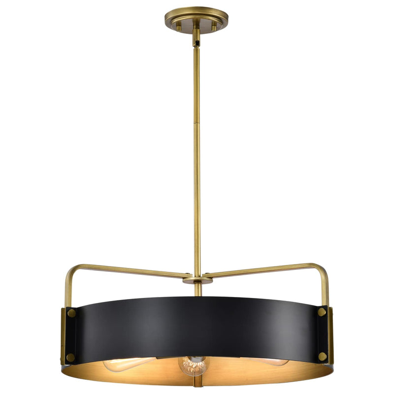 Modern pendant light with black shade and gold accents on a white background