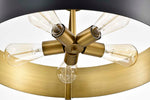 Gold and black ceiling light fixture with multiple bulbs.