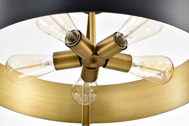 Gold and black ceiling light fixture with multiple bulbs.