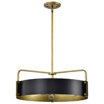 Pendant light with black shade and gold metal frame on a white background