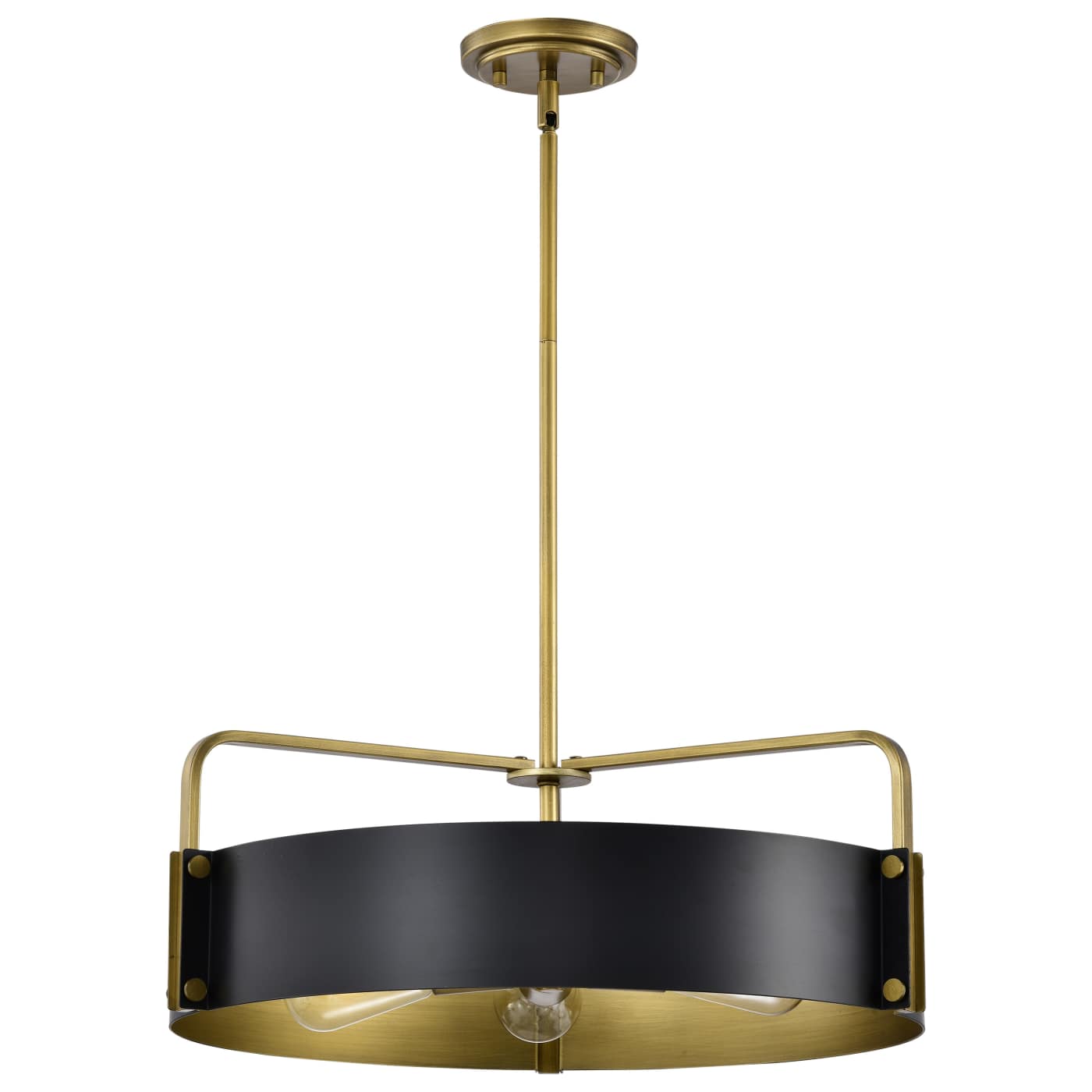 Pendant light with black shade and gold metal frame on a white background