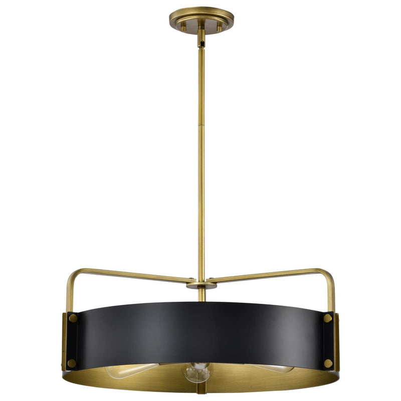 Pendant light with black shade and gold metal frame on a white background