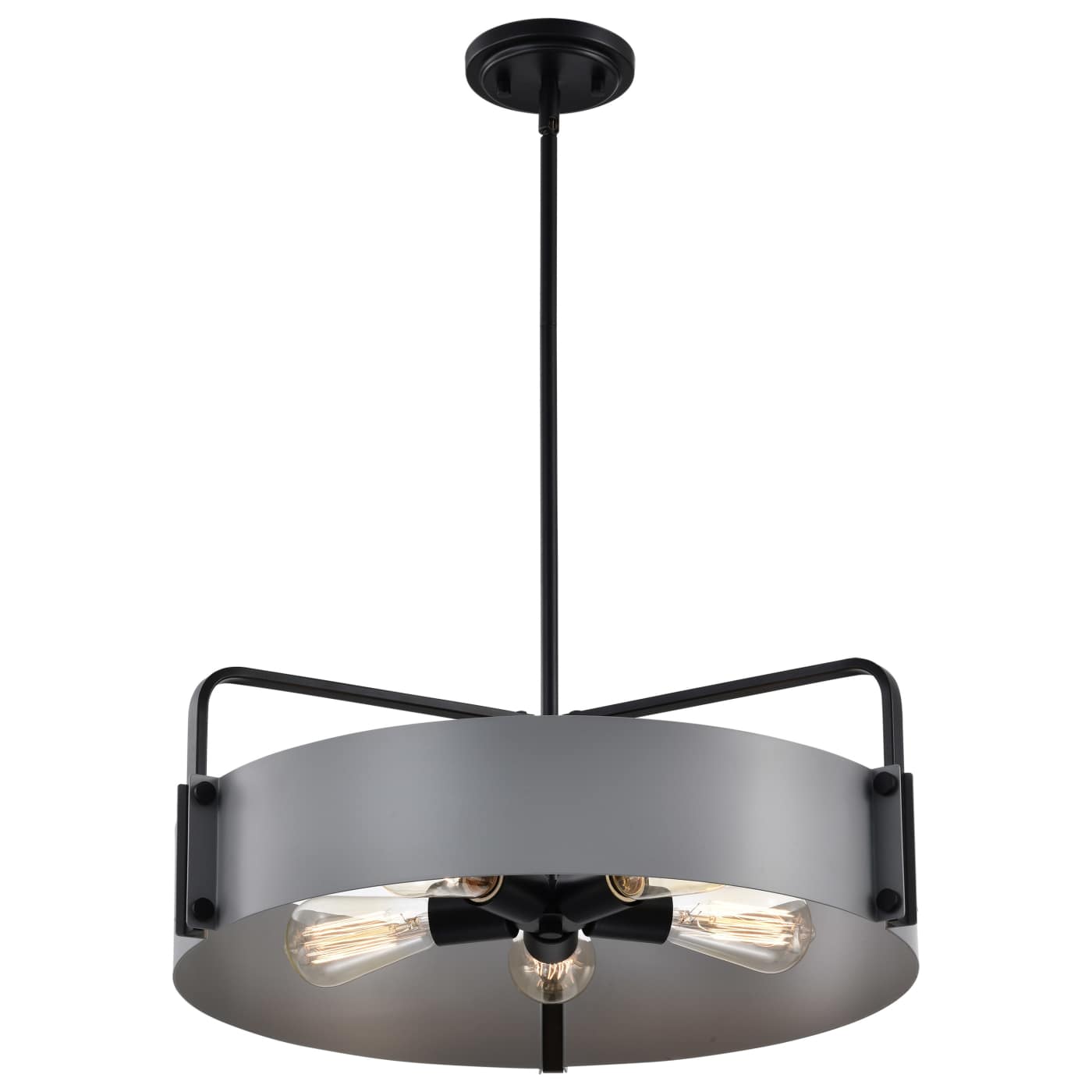 A modern semi-flush mount ceiling light fixture with a matte black suspension rod, canopy, and side brackets, a wide matte gray circular shade, and three visible warm Edison-style bulbs.
