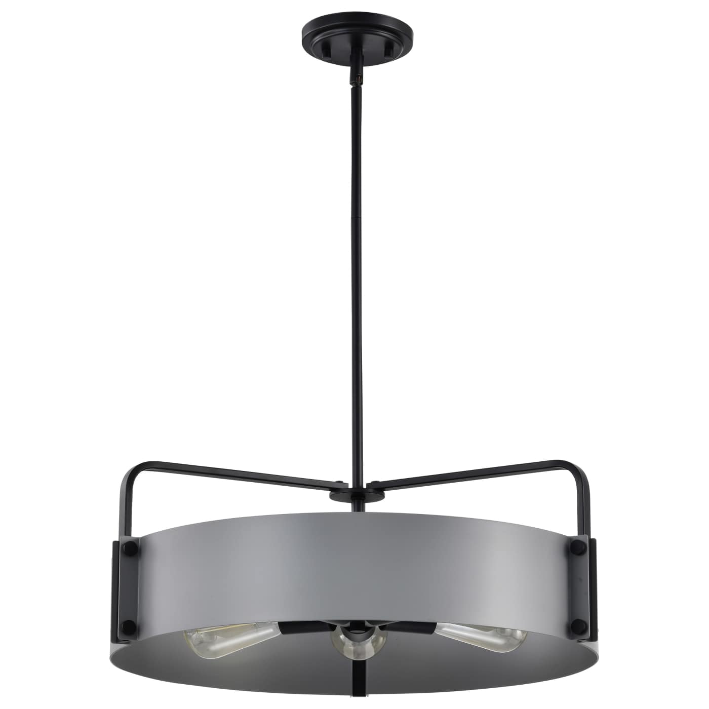 Modern pendant light with black frame and gray shade on a white background