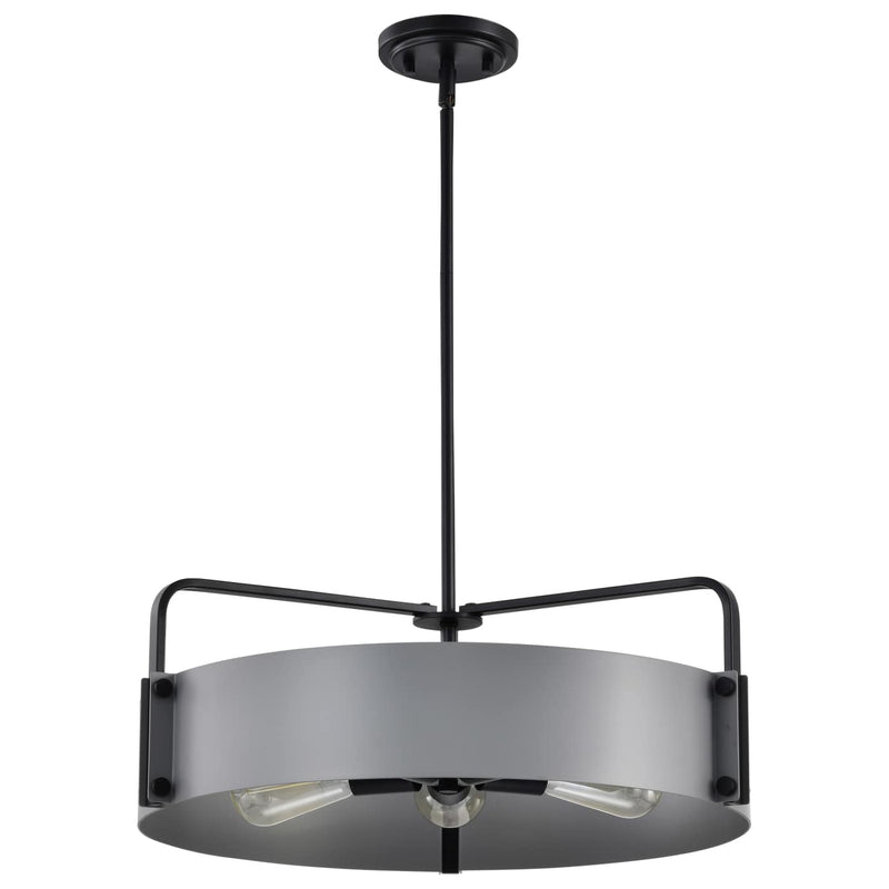 Modern pendant light with black frame and gray shade on a white background