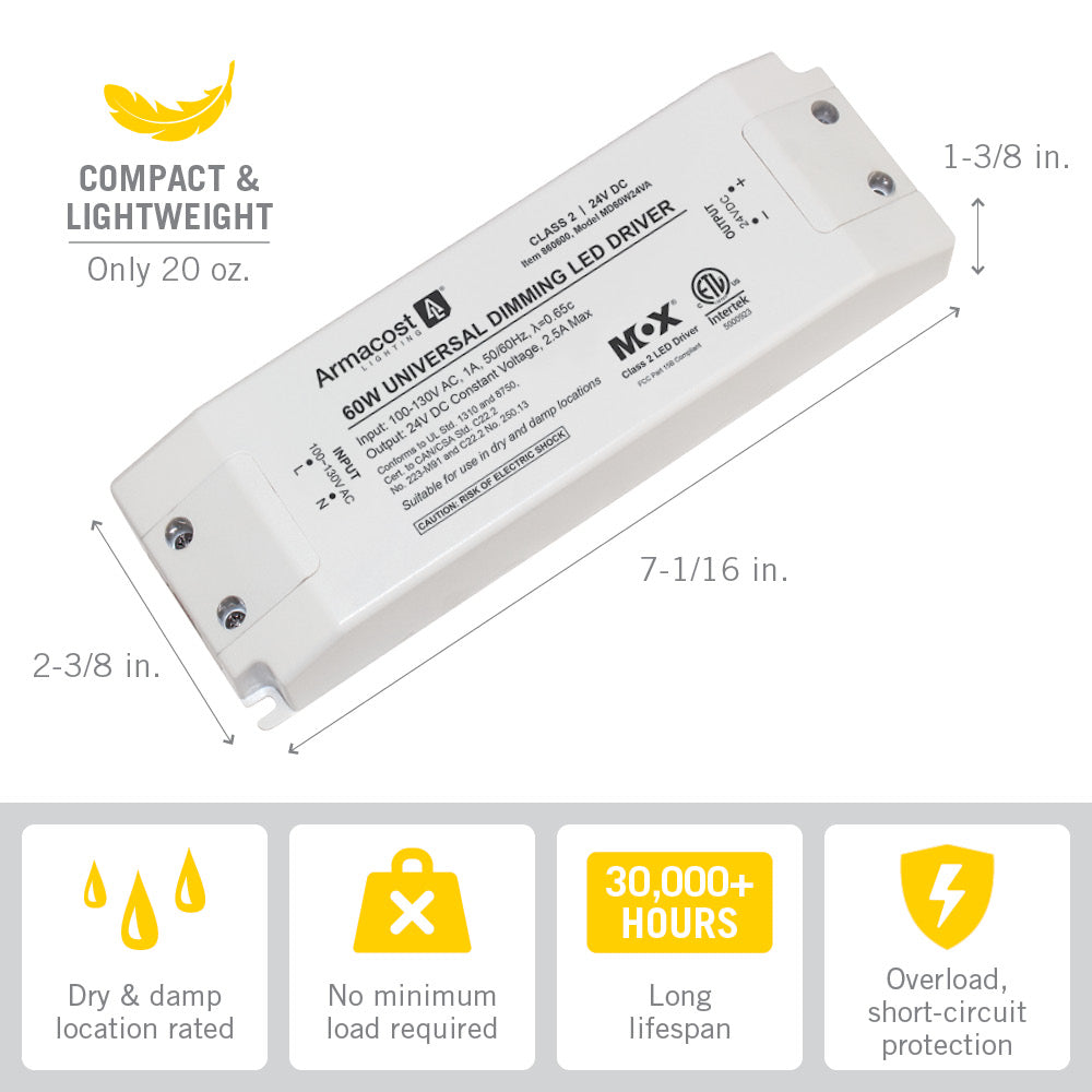 24w, 45W, or 60W Universal Dimming LED Driver, 24-Volt DC