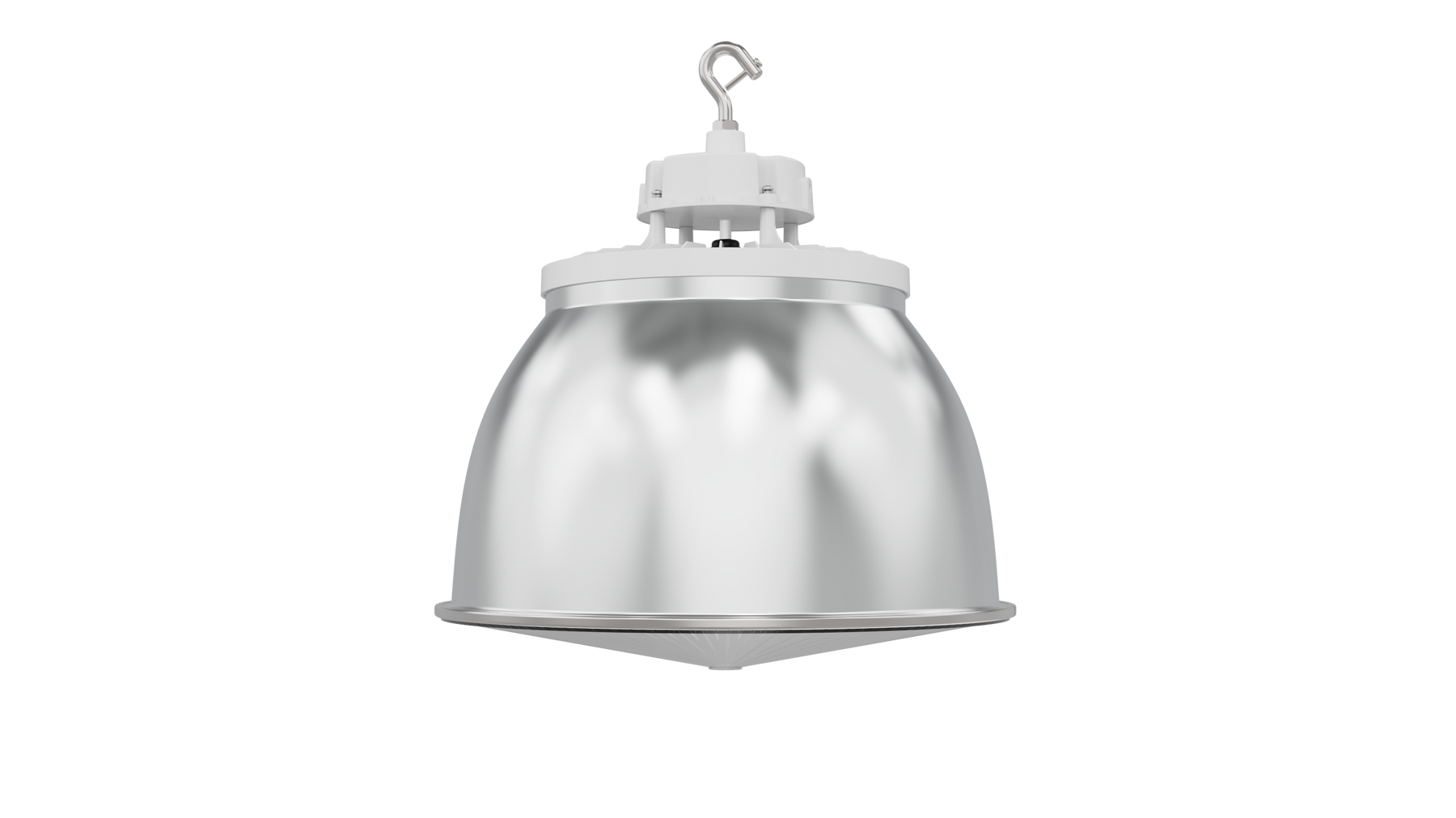 Industrial-style white high bay pendant light with polished metallic dome and mounting hardware for commercial use