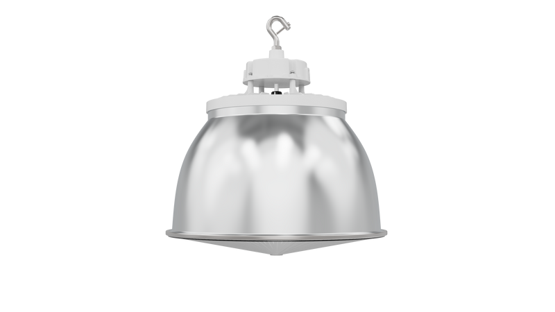 Industrial-style white high bay pendant light with polished metallic dome and mounting hardware for commercial use