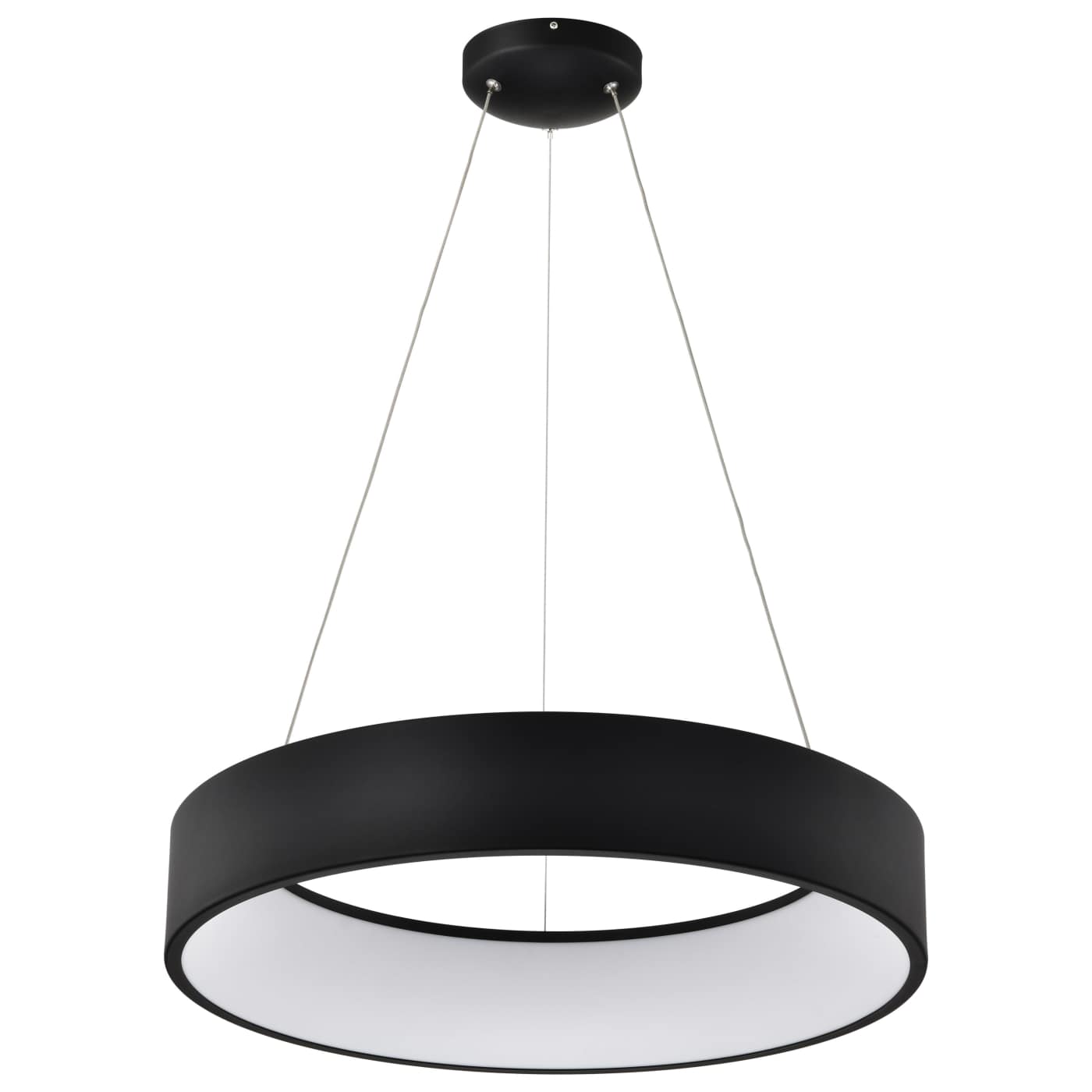 Black pendant light with white interior on a white background