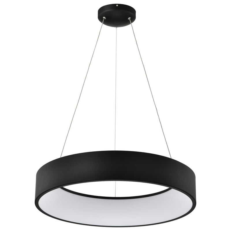Black pendant light with white interior on a white background
