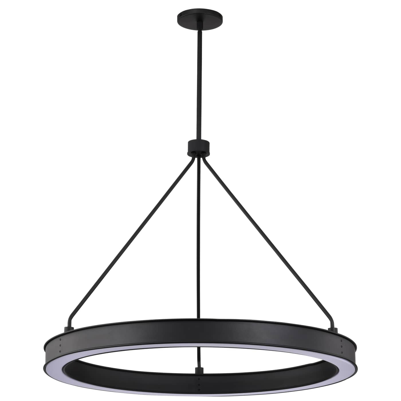Black pendant light with circular design on a white background