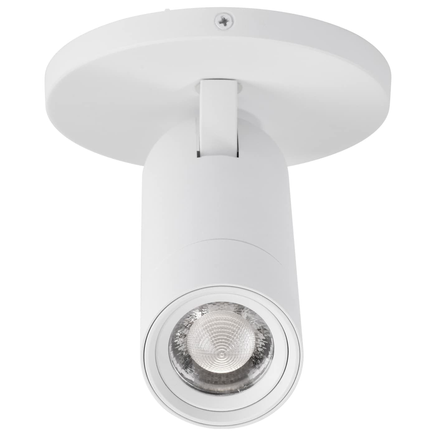 A modern white ceiling track light fixture with a circular mounting plate and a cylindrical adjustable head pointing downward, shown against a plain white background.