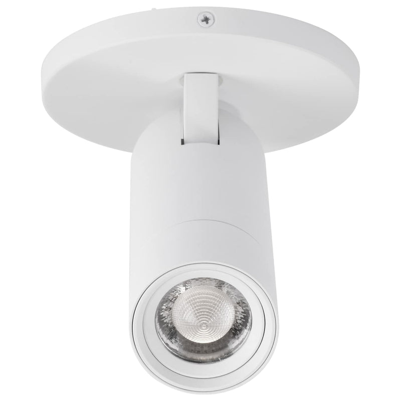 A modern white ceiling track light fixture with a circular mounting plate and a cylindrical adjustable head pointing downward, shown against a plain white background.