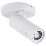 A modern white ceiling track light with a cylindrical adjustable lamp head and a circular mounting plate, shown against a plain white background.