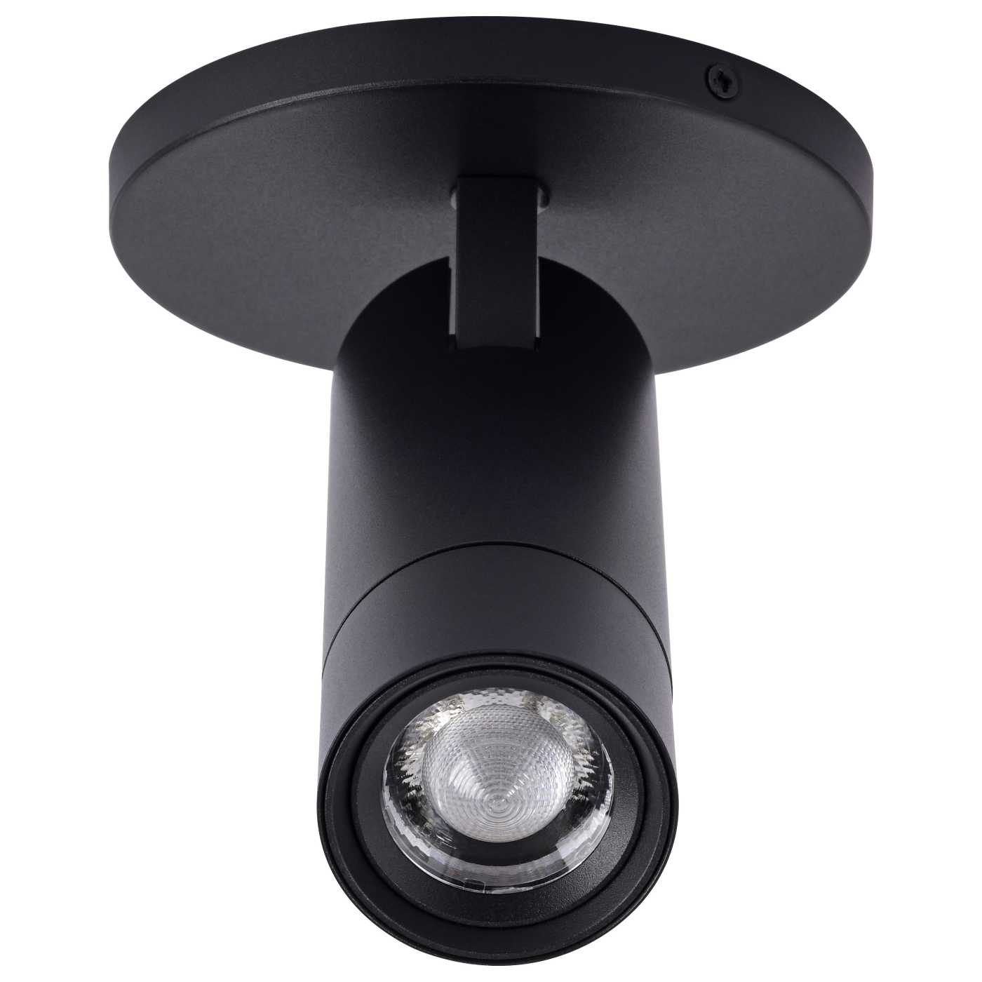 A modern matte black cylindrical spotlight ceiling fixture with a circular mounting plate, shown against a solid white background.