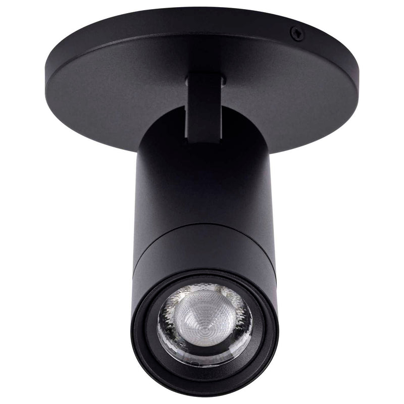 A modern matte black cylindrical spotlight ceiling fixture with a circular mounting plate, shown against a solid white background.