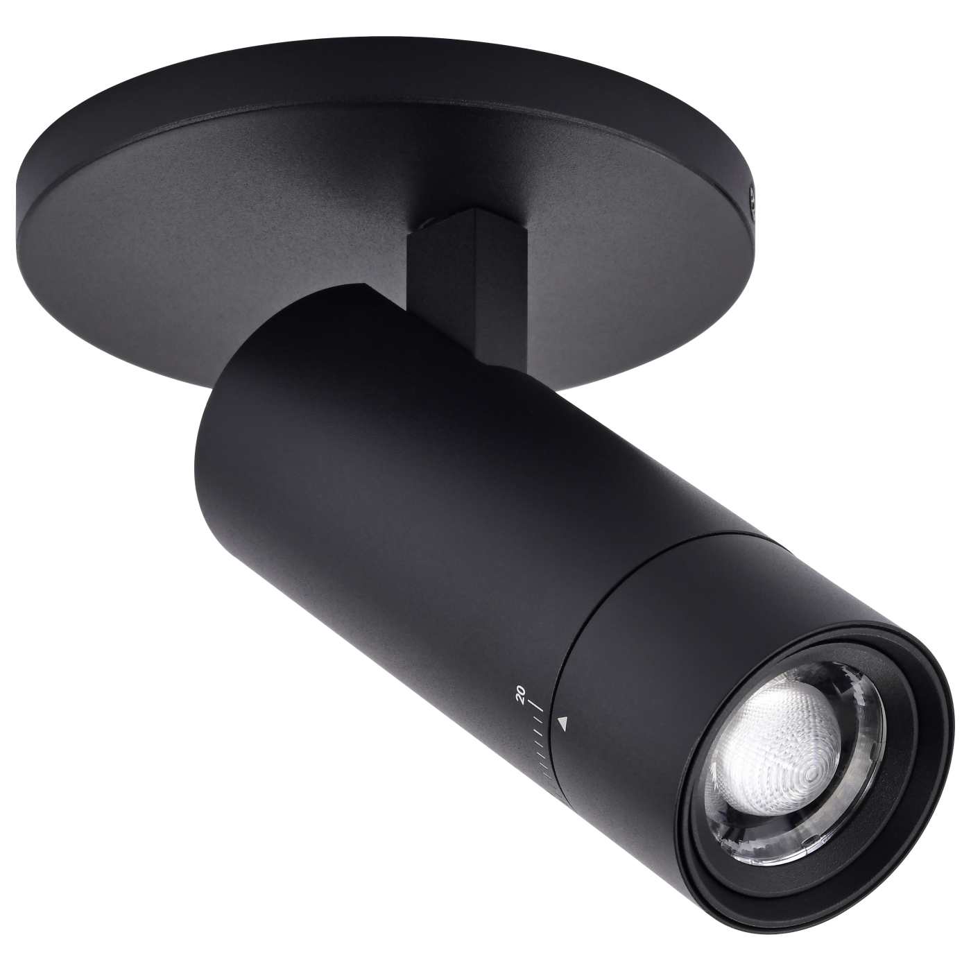 A matte black cylindrical track spotlight with a circular ceiling mount, shown at an angle against a solid white background.