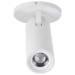 A modern white ceiling spotlight with a cylindrical shade, adjustable mounting bracket, and a clear glass reflector at the front, shown against a solid white background.