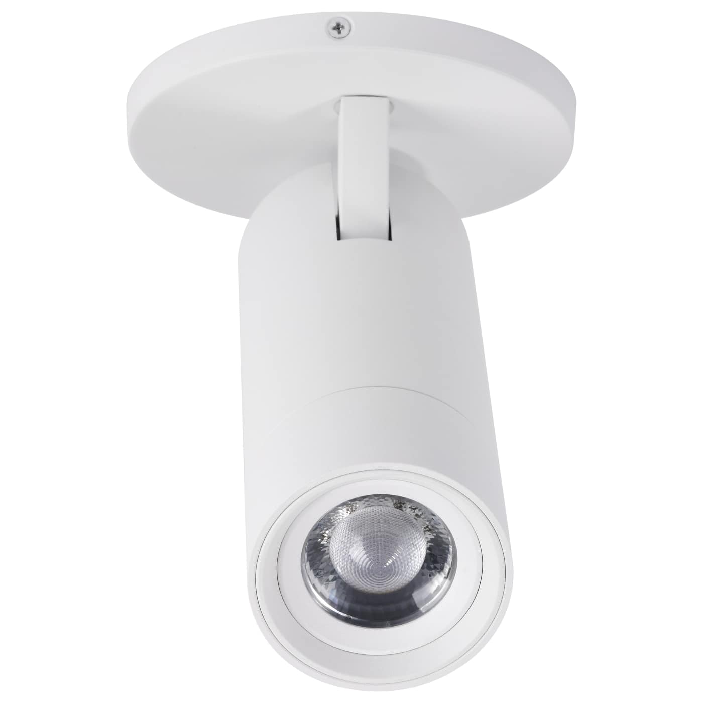 A modern white ceiling spotlight with a cylindrical shade, adjustable mounting bracket, and a clear glass reflector at the front, shown against a solid white background.