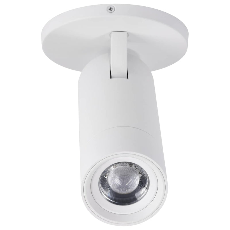 A modern white ceiling spotlight with a cylindrical shade, adjustable mounting bracket, and a clear glass reflector at the front, shown against a solid white background.