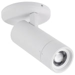 A modern white cylindrical recessed ceiling light fixture with a circular mounting plate and adjustable head, shown on a solid white background.