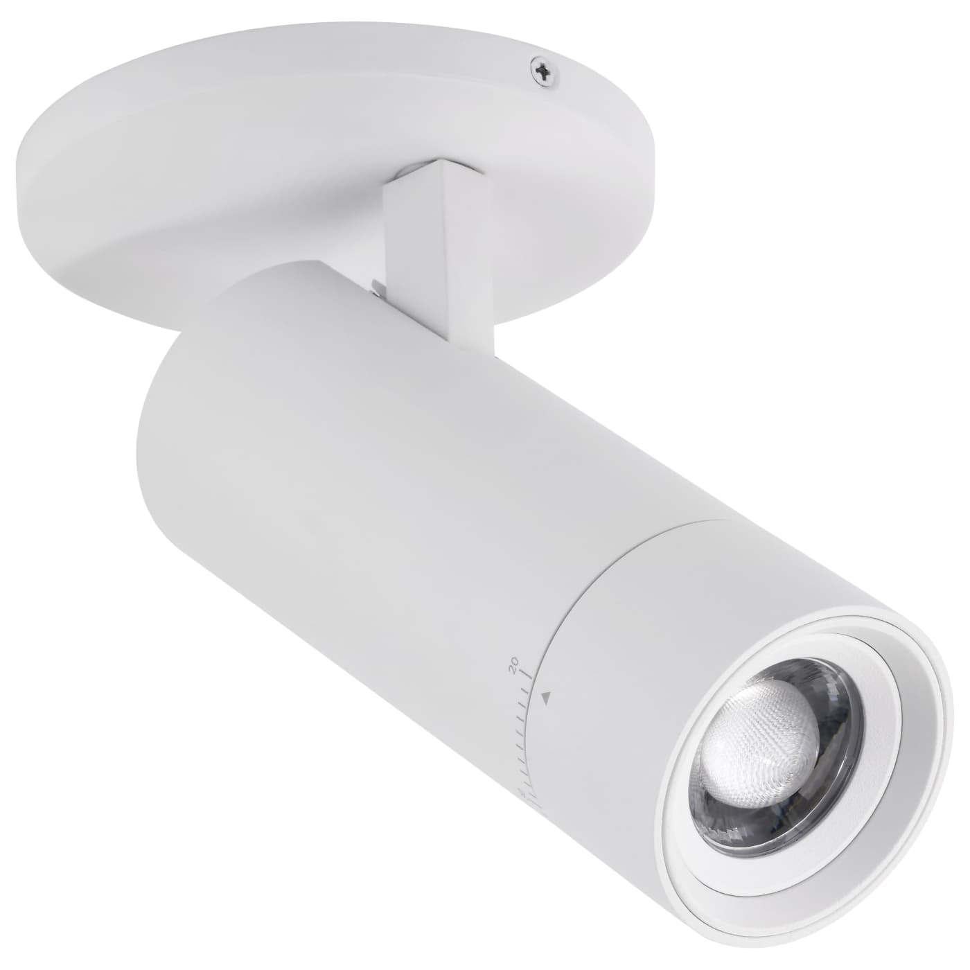 A modern white cylindrical recessed ceiling light fixture with a circular mounting plate and adjustable head, shown on a solid white background.