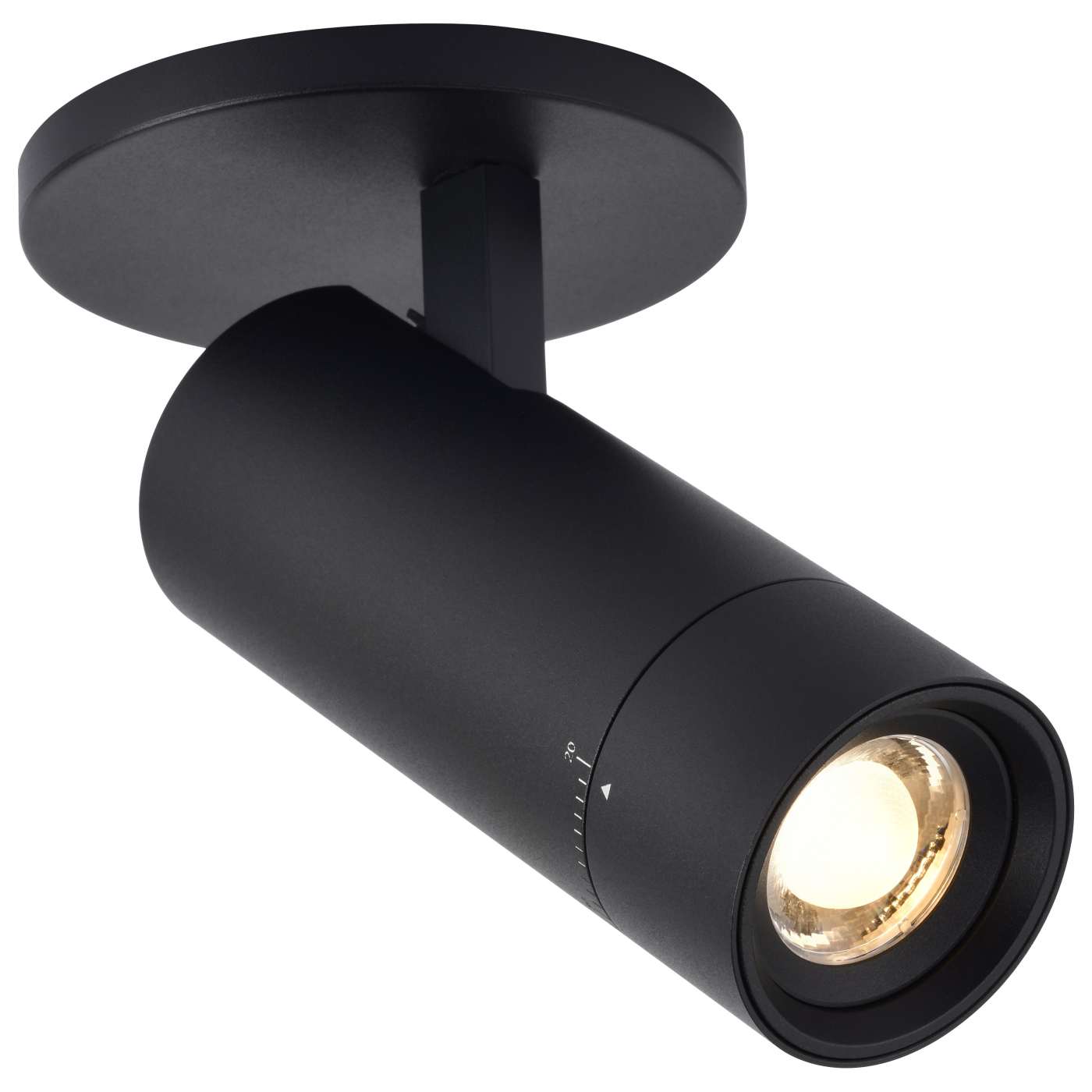 A modern matte black cylindrical track spotlight with a circular ceiling mount, shown illuminated against a solid white background.