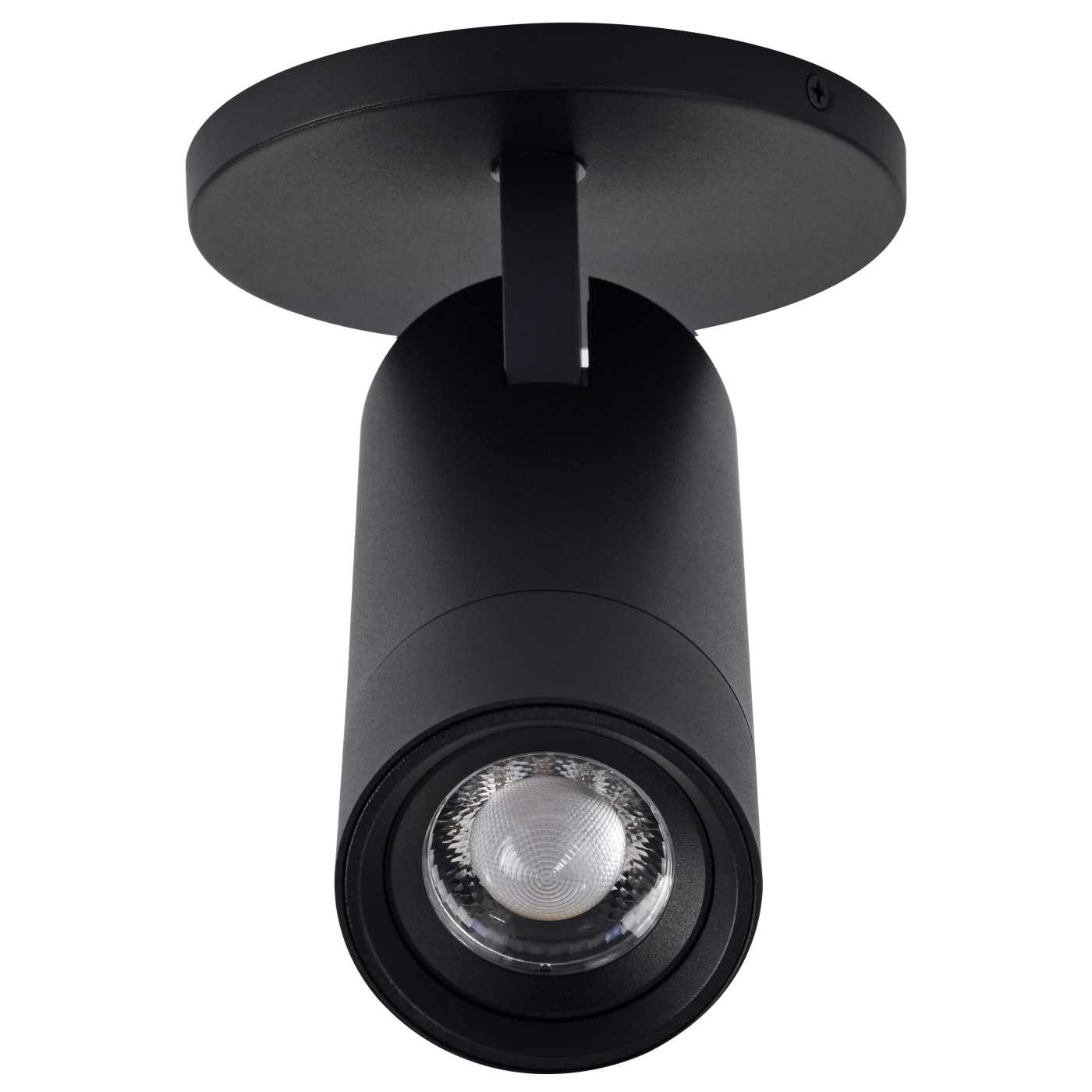A modern matte black cylindrical ceiling spotlight with a circular mounting plate, shown against a solid white background.