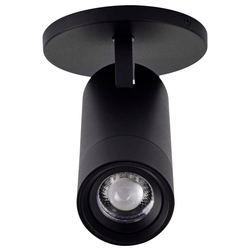 A modern matte black cylindrical ceiling spotlight with a circular mounting plate, shown against a solid white background.