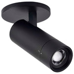 A matte black adjustable track spotlight with a circular ceiling mount and a cylindrical lamp body, shown on a plain white background.