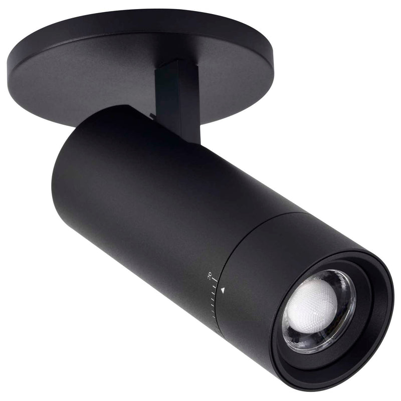 A matte black adjustable track spotlight with a circular ceiling mount and a cylindrical lamp body, shown on a plain white background.