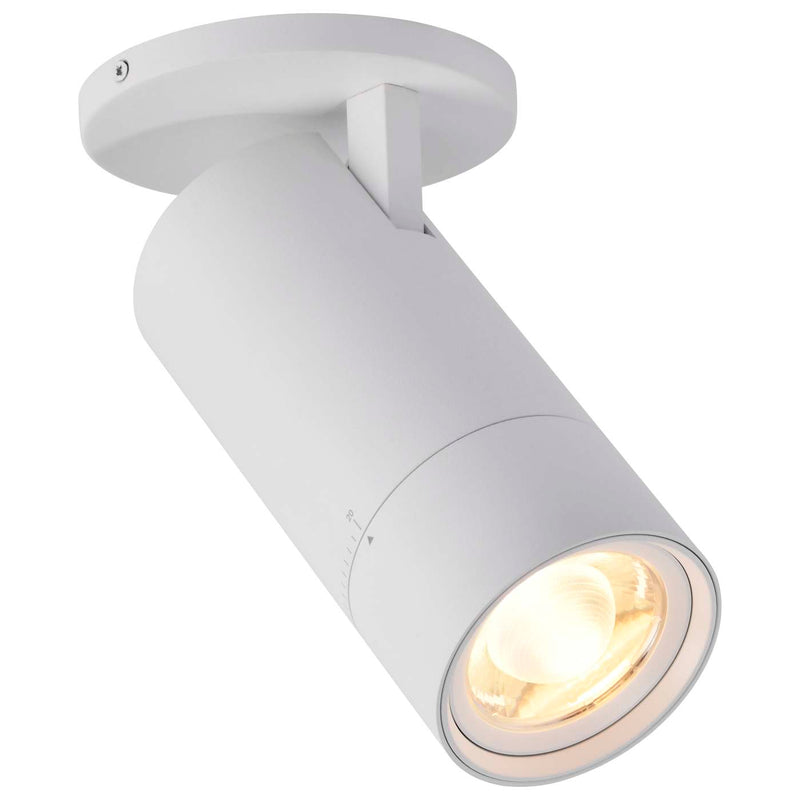 A modern white ceiling track spotlight with a cylindrical head and adjustable mounting bracket, shown illuminated against a plain white background.
