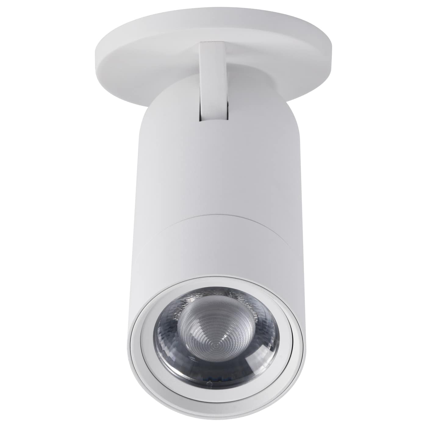 A modern white ceiling track light fixture with a circular mounting plate and a cylindrical adjustable head pointing downward, shown against a plain white background.