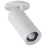 A modern white cylindrical ceiling spotlight with a circular mounting plate, shown at an angle against a solid white background.