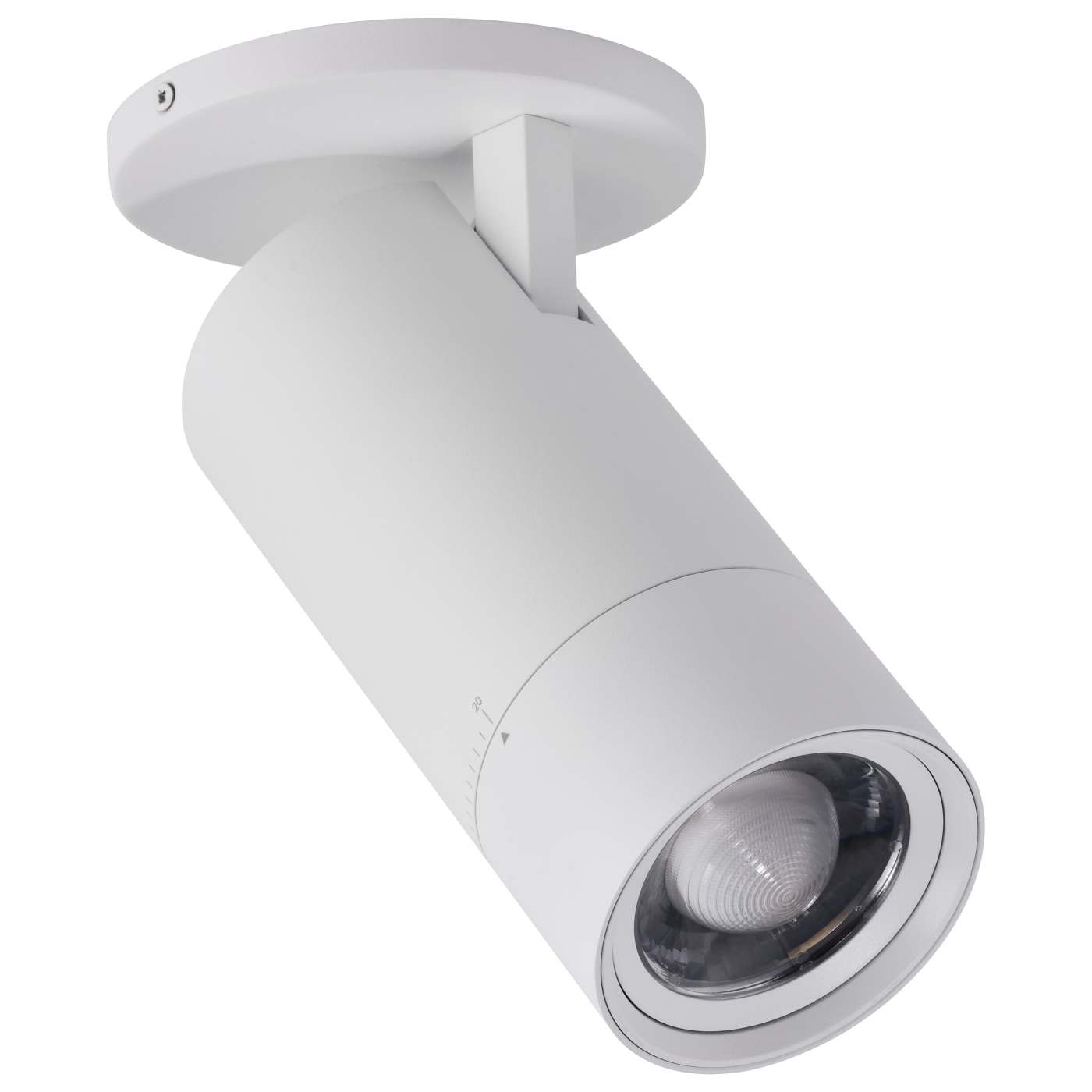 A modern white cylindrical ceiling spotlight with a circular mounting plate, shown at an angle against a solid white background.