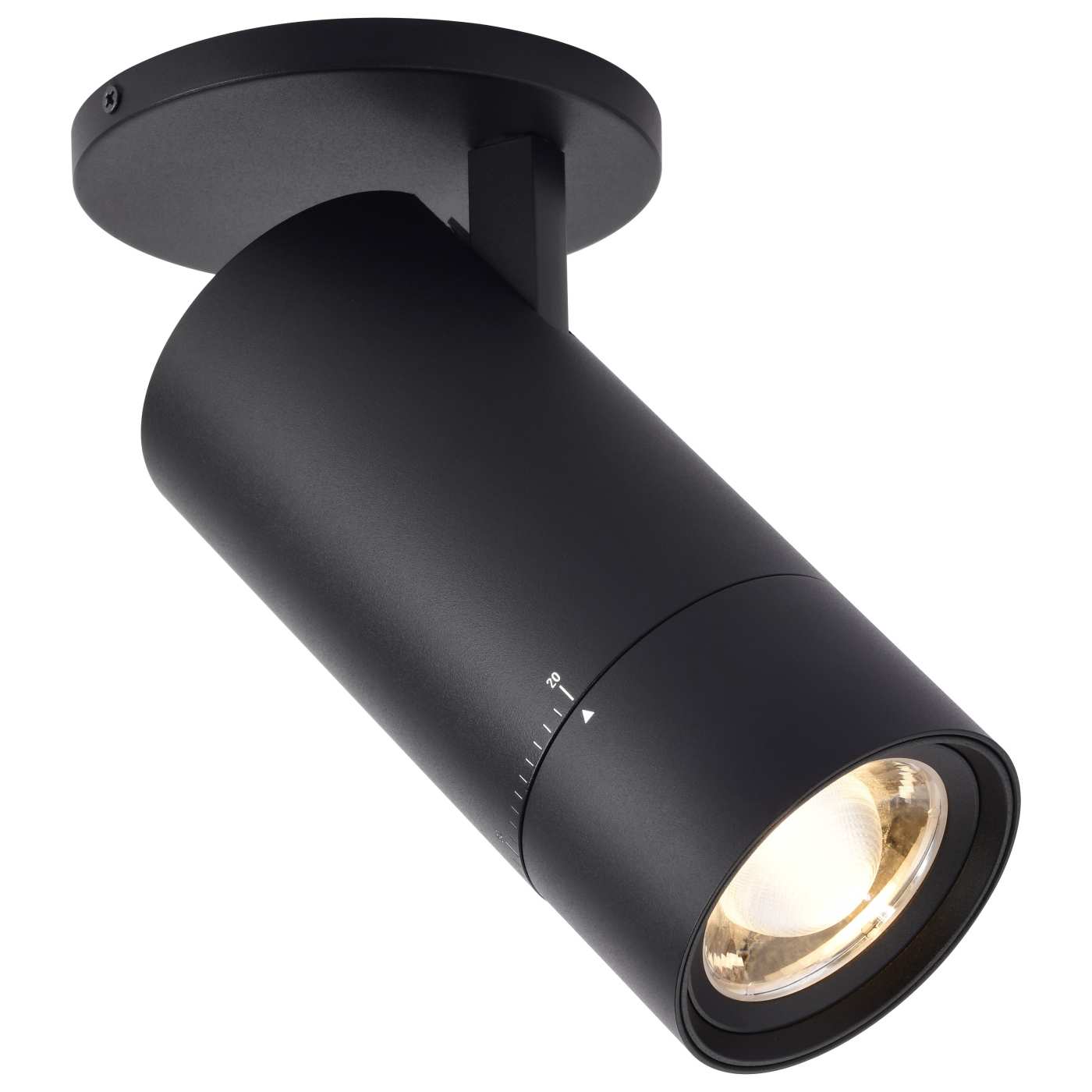 A modern matte black track spotlight with a circular ceiling mount, shown at an angle with its light turned on, against a solid white background.