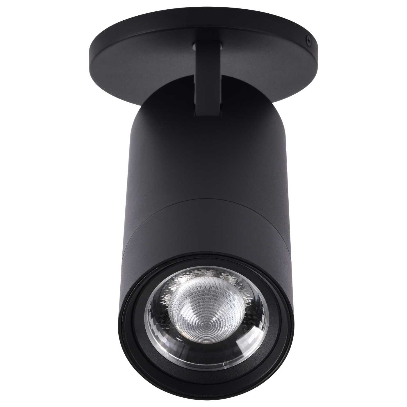 A modern matte black cylindrical spotlight ceiling fixture with a circular mounting plate, shown against a solid white background.