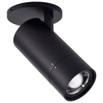 A matte black cylindrical track spotlight with a circular ceiling mount, shown at an angle against a solid white background.