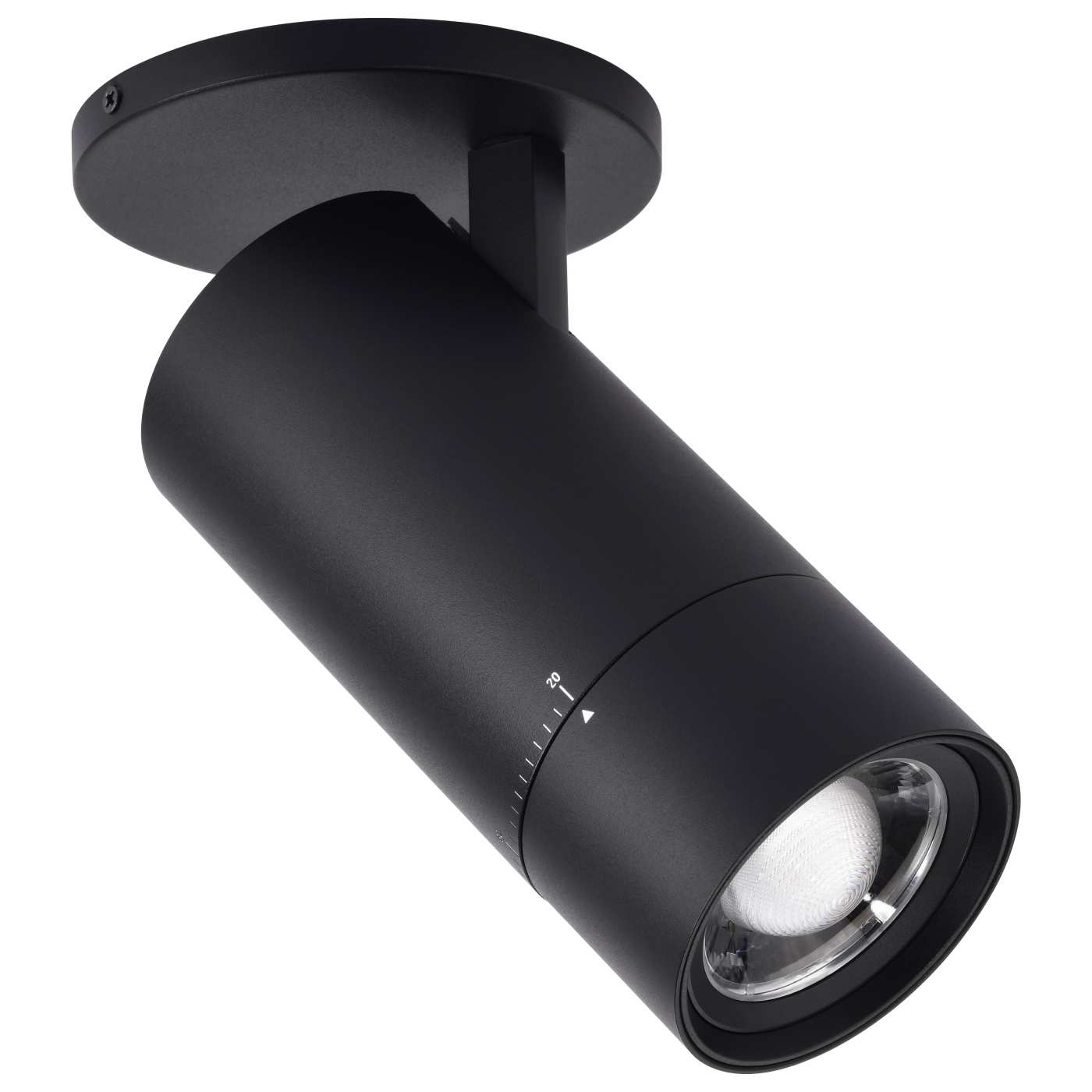 A matte black cylindrical track spotlight with a circular ceiling mount, shown at an angle against a solid white background.